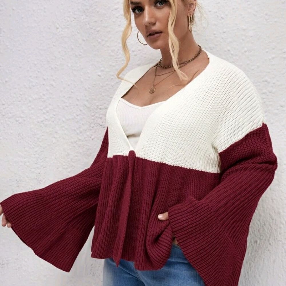 Plus Colorblock Flounce Sleeve Single Button Cardigan - Picture 5 of 6